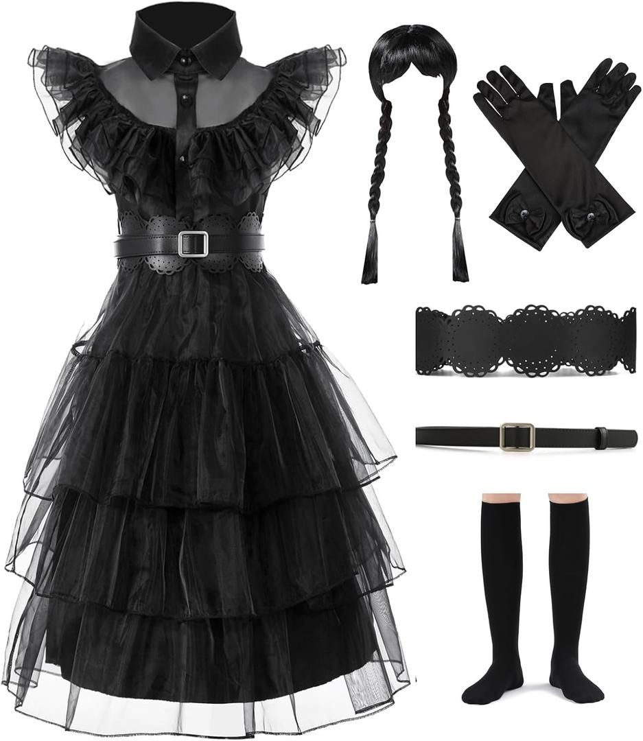 Girls Black Princess Costume Dress Up Costume Halloween Cosplay Party Outfit for Girls with Wig Belts Socks Golves Size 13-14 (Classic Black Material)