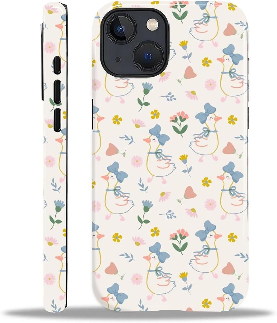 Compatible for iPhone 14 Plus Case Cute Aesthetic Durable Fashion Funny Phone Cover Duck Blue Ribbon Flower