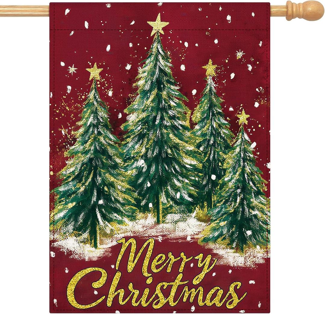 Artscope Merry Christmas Tree House Flag 28x40 Inch Double Sided, Seasonal Outdoor Winter Xmas Flag for Yard Farmhouse Holiday Decoration-Red