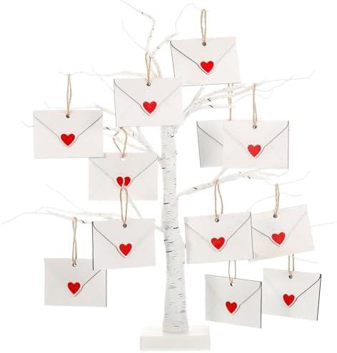 AceOrbit 12 Pcs Valentine's Day Wooden Envelope Ornaments, White Envelope Red Heart Tree Decorations, 9.8ft Jute Twine for Hanging, Heart Ornaments for Valentines Decor, Indoor Outdoor Tree Decoration
