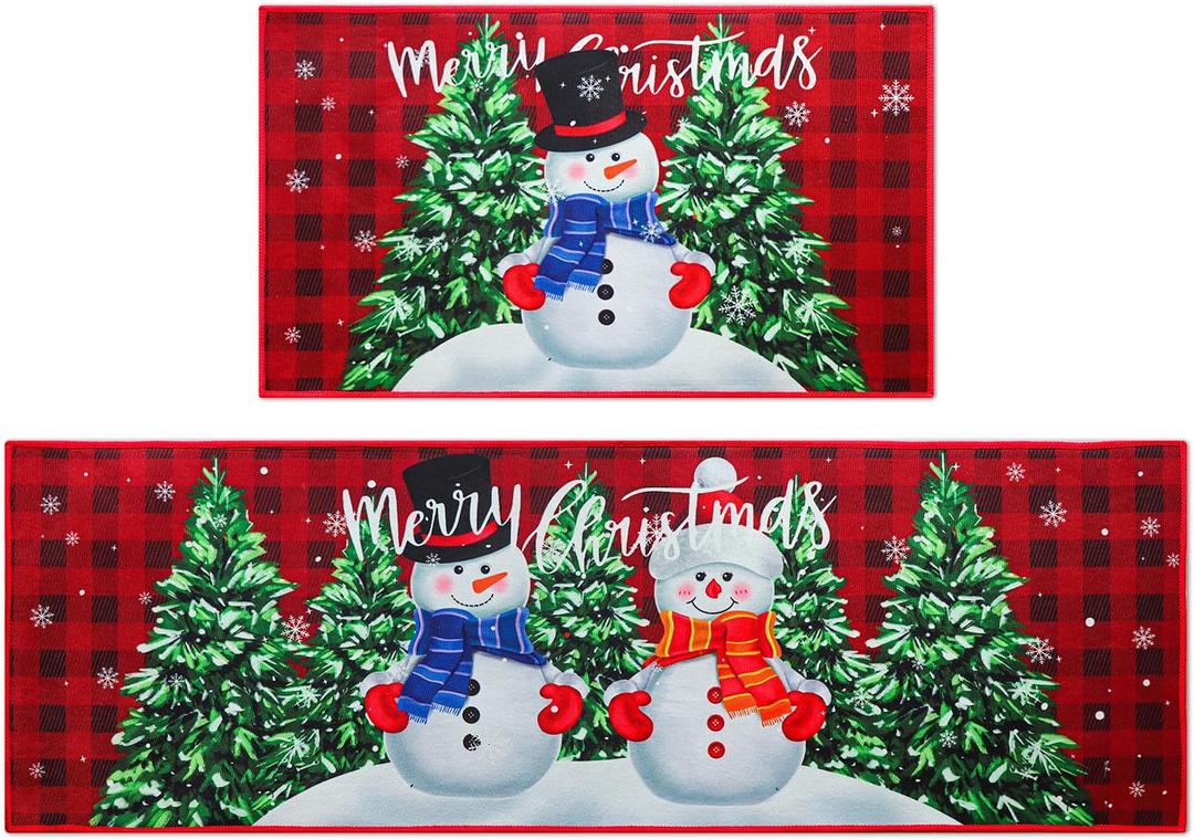 2 Pcs Christmas Kitchen mats for Floor, Red Black Buffalo Plaid Christmas Floor mats Kitchen Rugs Decor, Washable Microfiber Kitchen Carpet for Floor,Bathroom,Living Room,Doorway (Christmas Snowman)