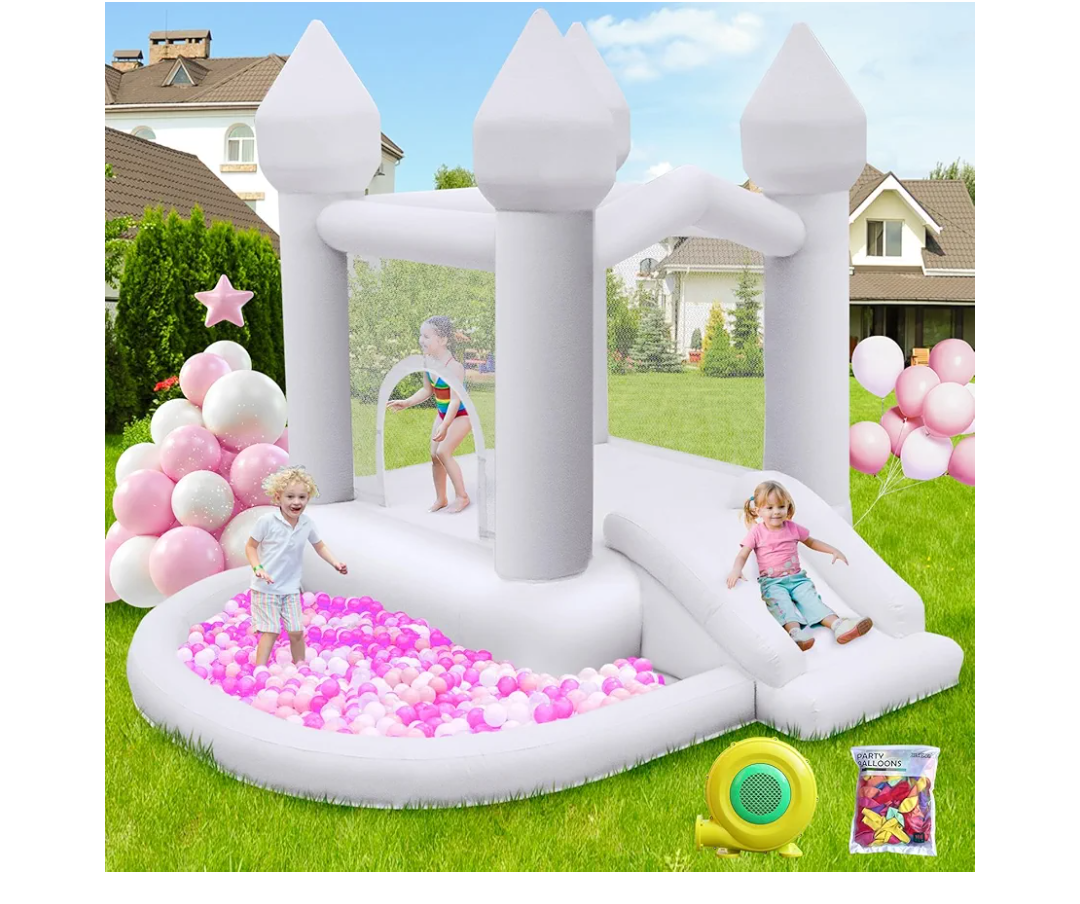 FBSPORT White Bounce House, Inflatable Bouncer with Air Blower,Indoor & Outdoor Bouncy Castle with Big Ball Pit for Wedding Party Kids Birthday Party, Easy to Install