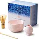 Natural Crystal Flower Matcha Set - 4 Pcs Food Grade Matcha Kit with Spouted Bowl, Matcha Whisk, Scoop and Chasen Holder - Matcha Tea Ceremony Gift for Matcha Lovers (Sakura Whisper)