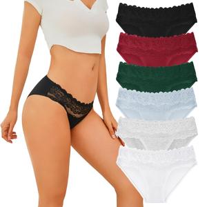 SELECT YOU Cotton Bikini Underwear for Women Cute Cheeky Bikini Panties Sexy Lace Soft Breathable Briefs 6 Pack S-XL (US, Alpha, Large, Regular, Regular, A-Color)