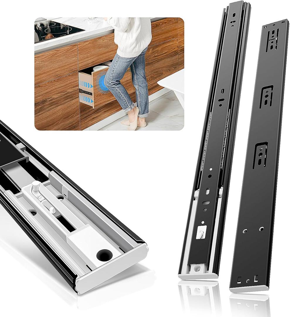 1 Pair Push to Open Full Extension Drawer Slides 12 14 16 18 20 22 24 Inch 100 lb Load Capacity Side Mount Handleless Touch Open Ball Bearing Cabinet Rails Metal Runner DresserBlack12 inch