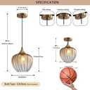 Amber Glass Pendant Lights Kitchen Island, 9" Vintage Hanging Lamp Ceiling Lighting Fixtures, Brushed Gold Modern Chandelier for Dining Room Restaurant Bedroom Foyer Entryway