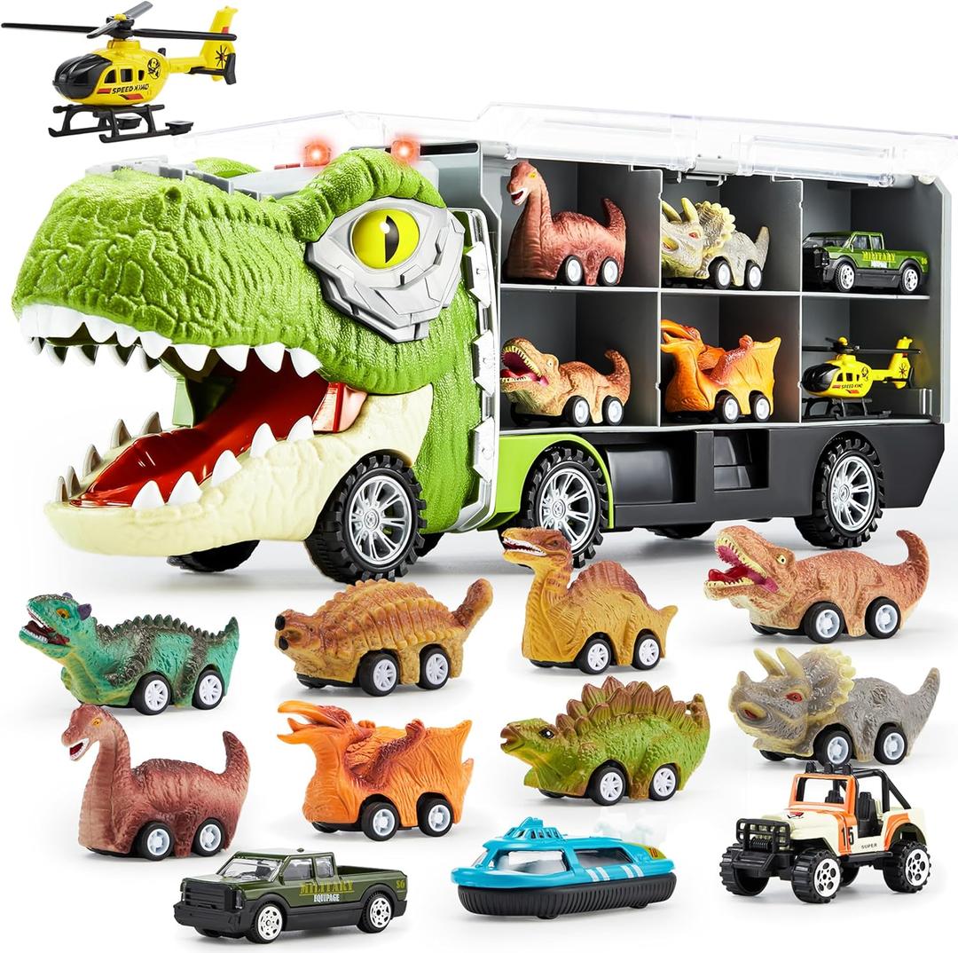 JOYIN 13 in 1 Dinosaur Toys for Kids 3-5, Transport Dinosaur Carrier Truck with 12 Pull Back Cars, Toddler Toys 3-4 Birthday Gifts for 3 4 5+ Year Old Boys