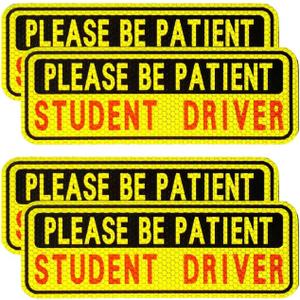 4 PCS Student Driver Magnet for Car, New Driver Magnet for Car, Please Be Patient Funny Magnetic Student Driver,Reusable Movable Reflective Safety Warning Bumper Magnets (Black/Yellow)