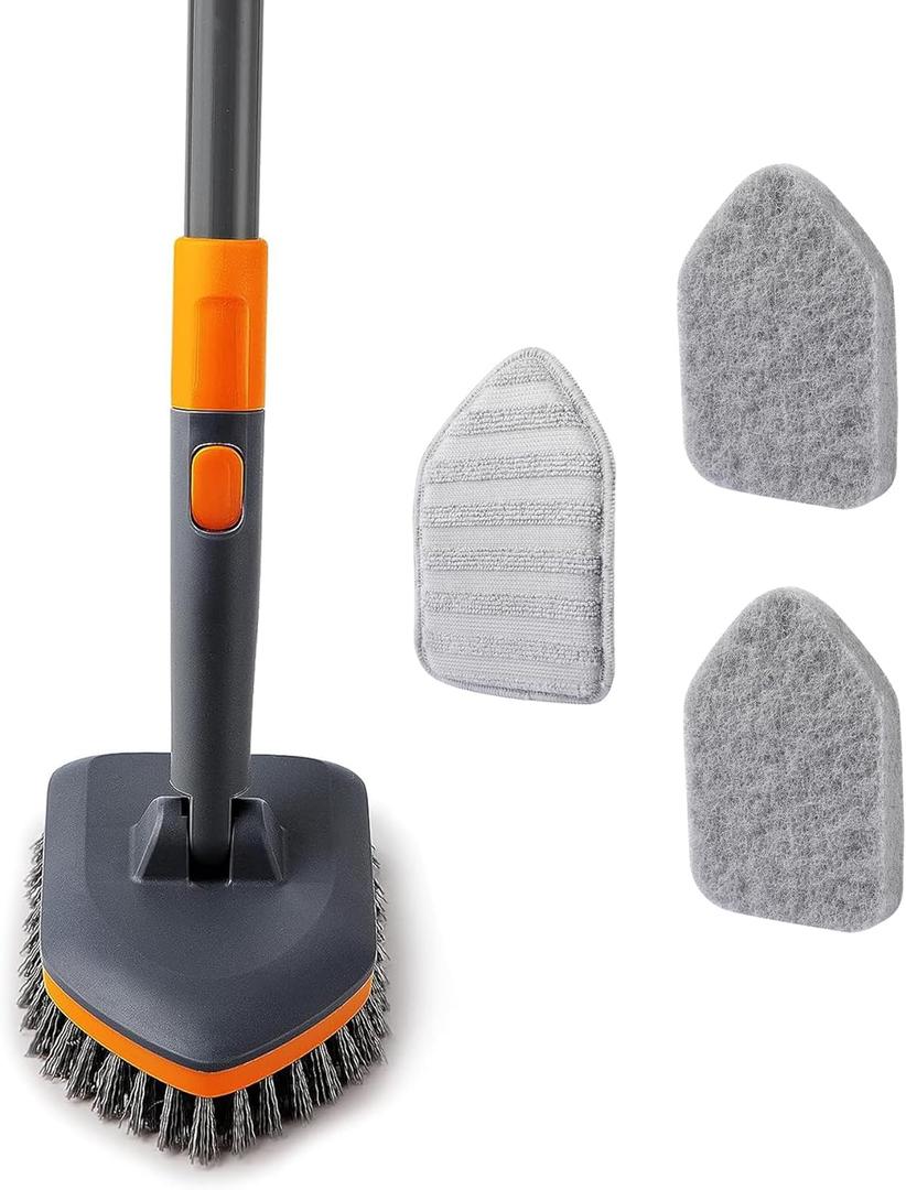 Tile Tub Scrubber Brush with 3 Different Function Cleaning Heads and 56" Extendable Long Handle-No Scratch Shower Scrubber for Cleaning Bathroom Kitchen Toilet Wall,Bathtub,Sink,Grey (Gray)