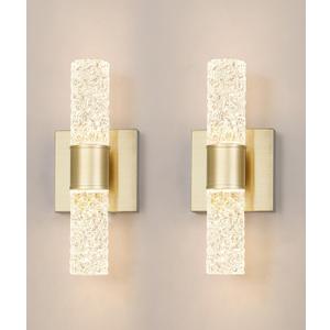 Crystal LED Wall Sconces Set of 2, Brushed Gold Bathroom Light Fixtures, Modern Bathroom Sconce Lights with Wired LED for Bedroom,Living Room,Hallway | Gold Vanity Wall Lighting & Crystal Wall Decor