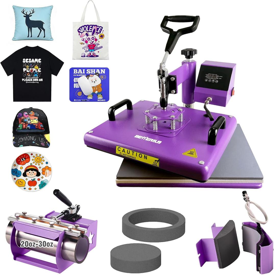 BetterSub 5 in 1 Heat Press Machine 12x15 inch, Industrial-Quality Sublimation Press with 30oz Tumbler Attachment & Curved Hat Plate, 360° Swivel Design for T-Shirts, Vinyl, DTF Film - Purple