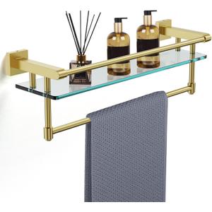 Bathroom Glass Shelf with Towel Rack Organizer Wall-Mounted Bathroom Storage SUS304 Stainless Steel Track Wall-Mounted Tempered Glass Stainless Steel Shelf (Brushed Gold, 20-inch), 20-inch with Railing