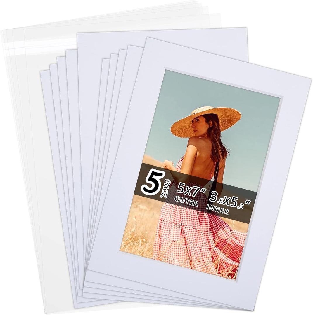 Falling in Art Acid Free 5 Pack 5x7 Pre-Cut Mat Board Show Kit for 4x6 Photos, Prints or Artworks, 5 Core Bevel Cut Matts and 5 Backing Boards and 5 Crystal Plastic Bags, White