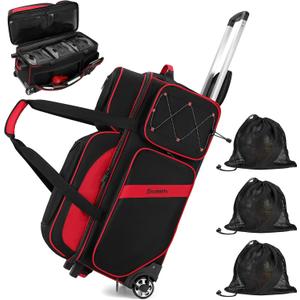 BOSSTIN 3-4 Ball Bowling Bags with Wheels, Secure Hook & Loop Fixed Ball Cup & Shoe Compartment (Fits Up to Size 16), Roller with Multi-Pockets (Red)