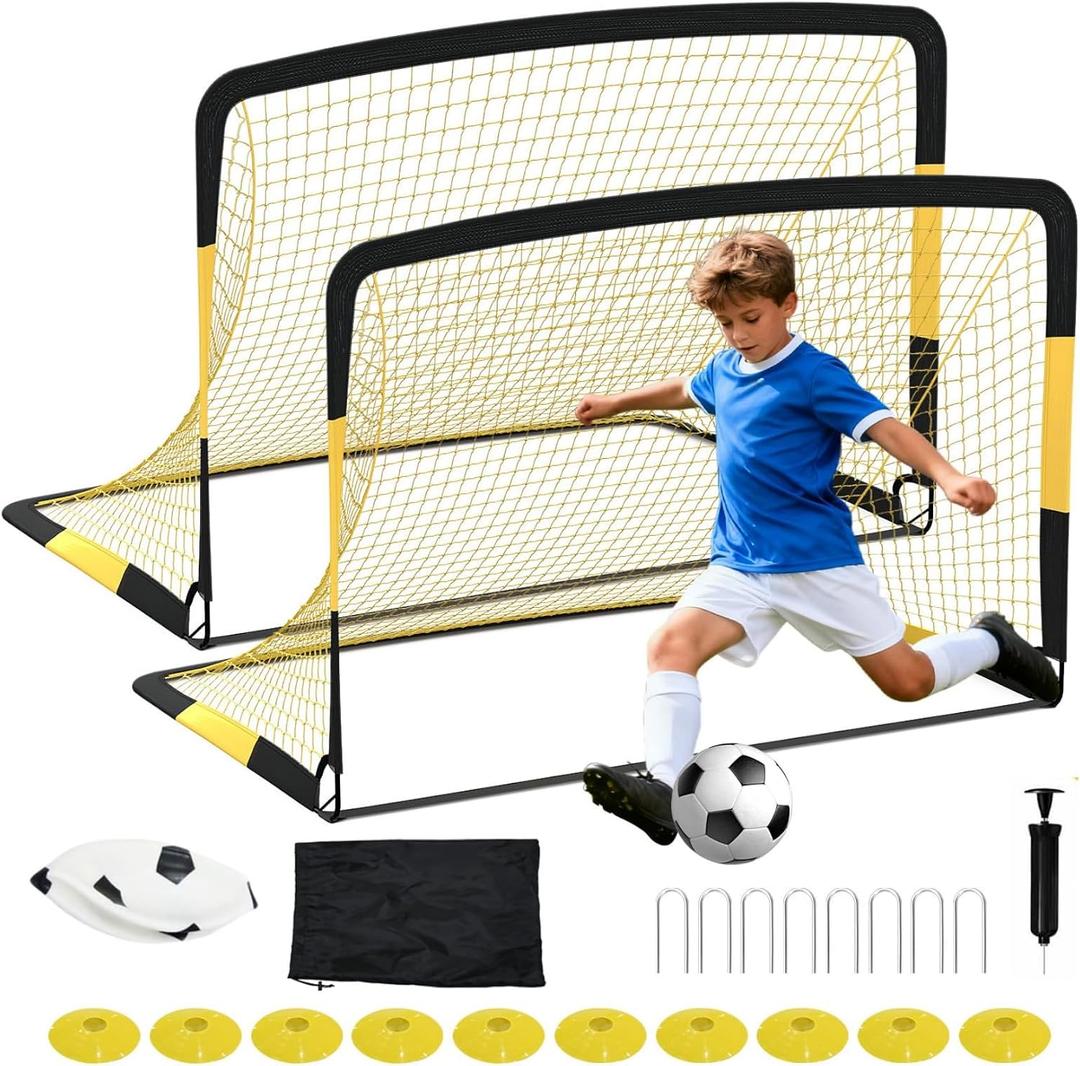 Garvee 6x4 ft Soccer Goal Set, 2-Pack Pop Up Soccer Net Set for Backyard, Portable Soccer Goal for Youth Players, with Soccer Ball, Cones, Ground Stakes & Carrying Bag, for Indoor Outdoor Practice