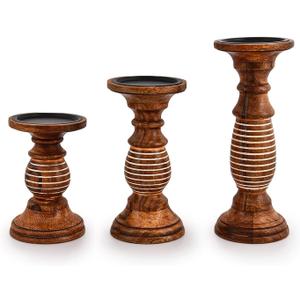 NIRMAN Candleholder Sets Mango Wood Farmhouse Wooden Candle Holders for Candles Set of 3 for Table Centerpieces Brown Home Decor Kitchen