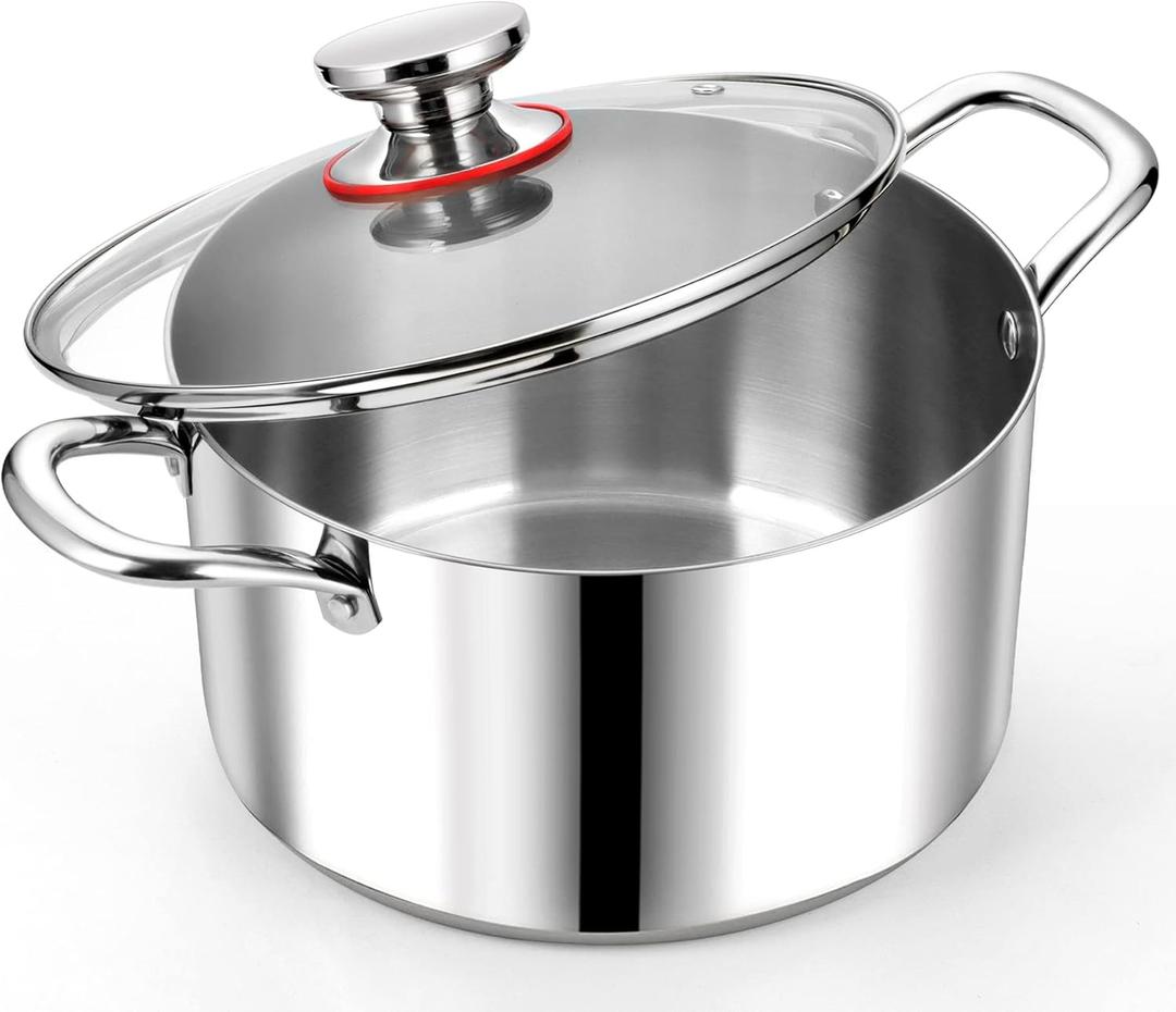 P&P CHEF 8 Quart Tri-Ply Stainless Steel Stockpot, Stock Pot with Visible Lid for Soup Pasta Vegetable, Induction Cooking Pot for All Stoves, Sturdy & Double Handle, Dishwasher Safe