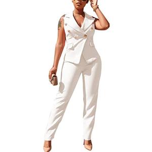 Dmoled Women's Business Blazer Suit Ruffles Sleeveless Solid Two Piece Pant Set Professional Work Outfit for Office Size 20