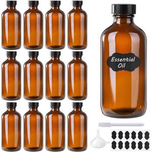 12 Pack 8 oz Amber Glass Boston Bottle With Black Poly Cap, Funnel, Chalk Labels, Pen, Dispensing Bottles for Homemade Vanilla Extract, Essential Oils, Herbal Medicine, Wedding Christmas Decor
