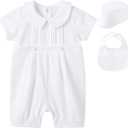 pureborn Unisex Baby Jumpsuit Infant Boys Girls Cotton Spring Fall Romper One-Piece Coverall Baptism Outfit White  (9-12 Months)