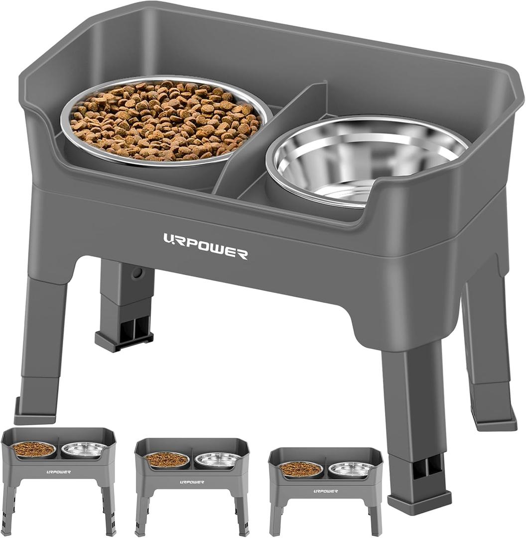 URPOWER 3-in-1 Elevated Dog Bowls - Mess Proof Double Deck 4 Height Adjustable Raised Stand with 2 Stainless Steel Food Bowls & Licking Plate for Small, Medium & Large Dogs (Gray)