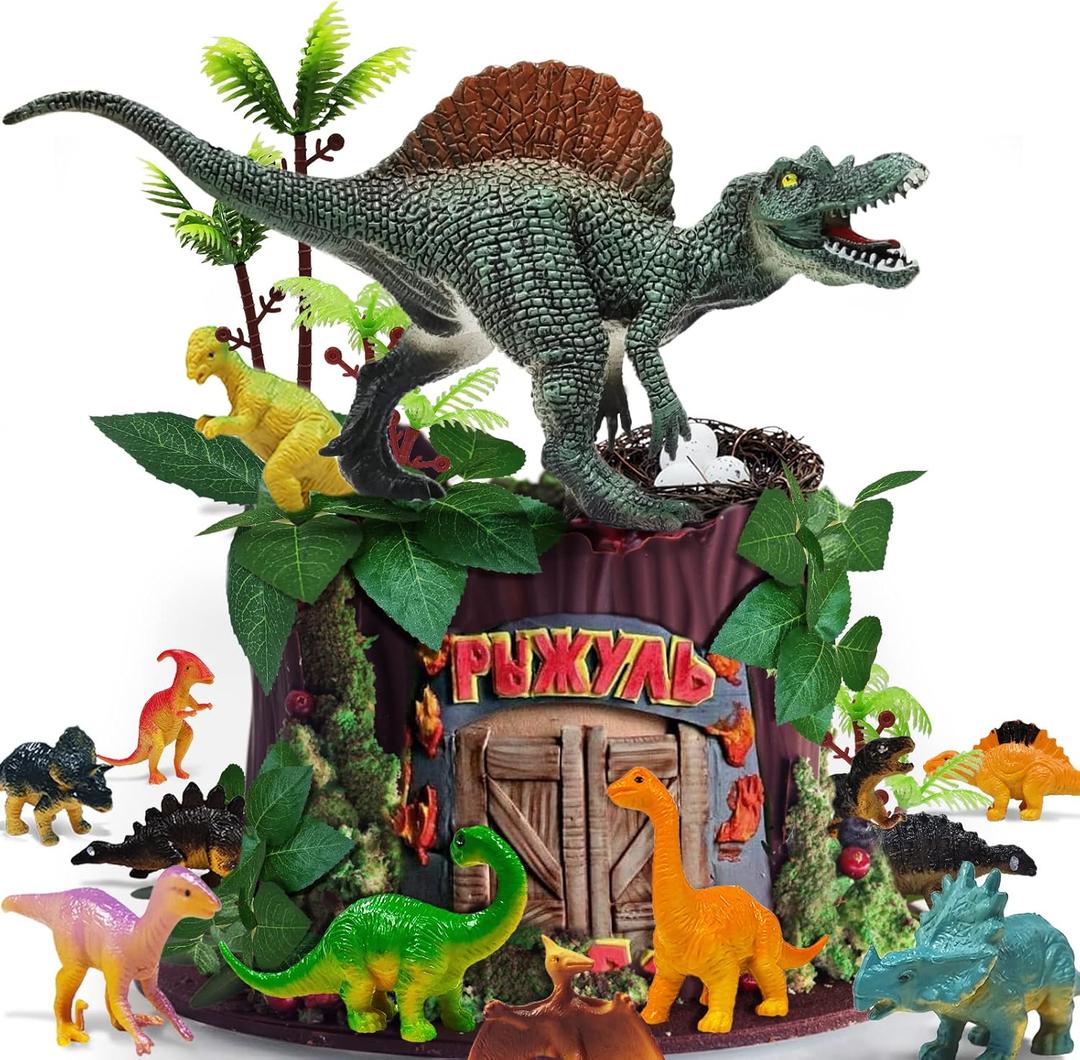 GLAHORSE 26 PCS Dinosaur Cake Toppers With Dinosaur Eggs, Leaves, Trees - Cake Decorations For Kids Birthday Party