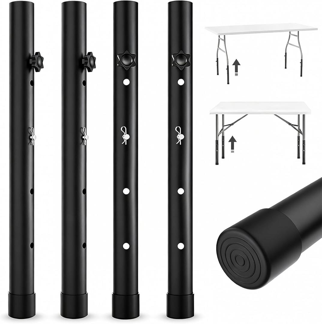 Table Leg Extensions for Straight/Bent Folding Tables, Metal Extenders, Reduces Stooped Work, Improves Back Pain, 4 Levels/Heights Adjustable Risers (4 Pack)