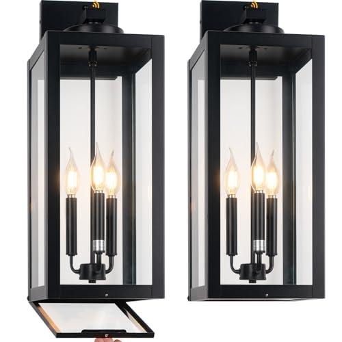 Yolsunes 24" Extra Large Fully Enclosed Dusk to Dawn Outdoor Light Fixture 3-Light, Black Outdoor Porch Lantern Wall Mounted, Waterproof Outside Wall Sconce Coach Lamp for House, E12, 2 Packs