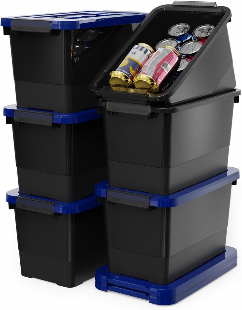 WYT 7 Quart Storage Bins with Lids and Latch, 6-Pack Stackable Plastic Organizing Box with Buckle and Handle, Durable Nestable Totes Containers (Black/Blue)