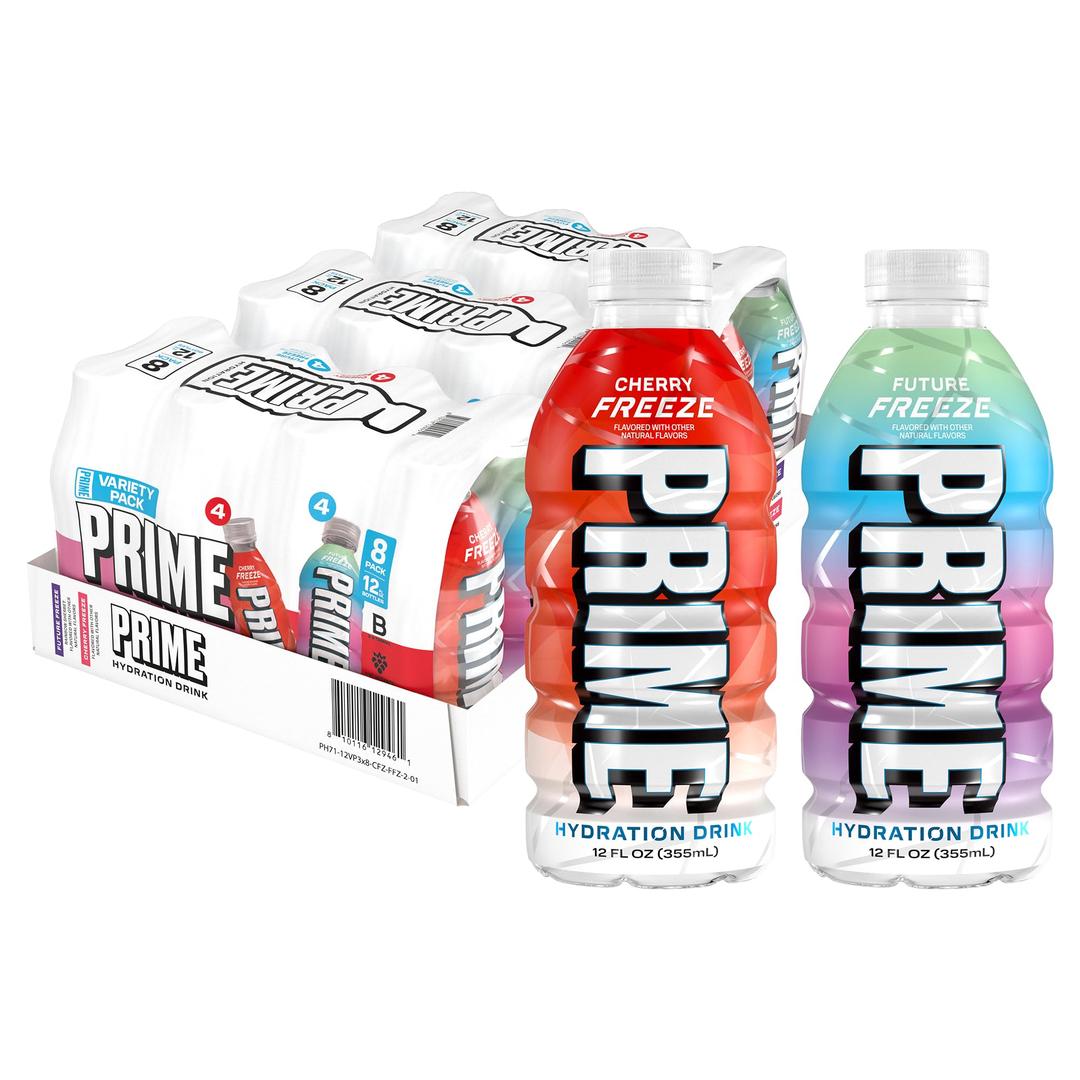 PRIME Hydration Cherry Freeze & Future Freeze Sports Drinks with Coconut Water, Electrolyte Enhanced to Replenish Fluids, Zero Added Sugar, B Vitamins, Antioxidants, Natural Flavors, 12 Fl Oz 24 Pack, BBD: 05/2027