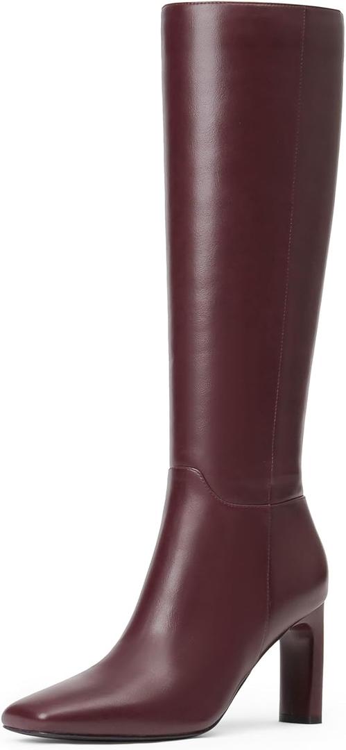 Modatope Knee High Boots for Women Square Toe Chunky Heel Long Tall Fall Boots for Women (8.5, Burgundy)