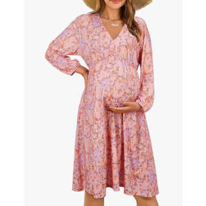 OUGES Womens 2023 Fall Long Sleeve Maternity Dress for Baby Shower Photoshoot V Neck High Waist Midi Dress with Pockets XXL