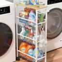 Rolling Utility Cart, 4-Tier Slim Narrow Storage Cart with Wheels for Kitchen, Laundry Room Organization, Metal Bathroom Organizer with Wood Top, Natural Wood Color, 17.3" x 7.9" x 32.6"