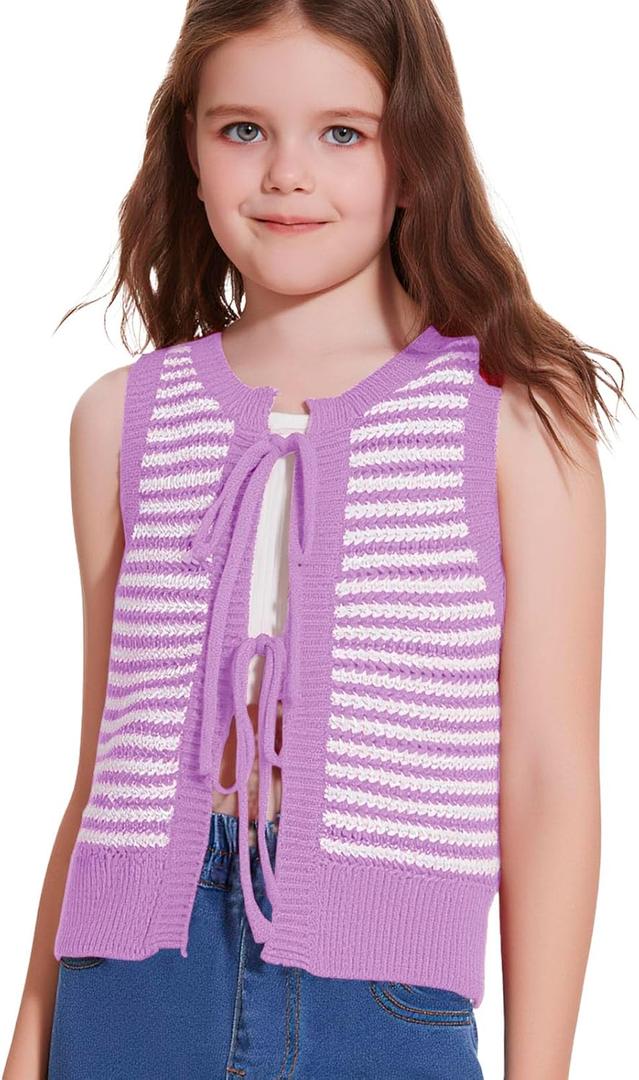 CharmWM Girls Sweater Vest Kids Casual Sleeveless Crochet Tops Color Block Tie Back Knit Tank Tops (7-8 Years, Light Purple)