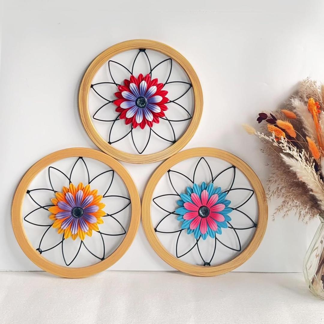 YIYA 3 Piece Round Farmhouse Wall Decor Colorful Metal Flowers Wall Art 11.2'' Wood & Metal Rustic Wall Art for Living Room Bedroom Kitchen Bathroom Dining Room Hallway