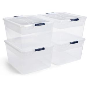 Rubbermaid Cleverstore 74 Qt Clear Storage Bins with Lids and Nesting Tray, 4-Pack, Stackable, BPA-Free, Made in USA