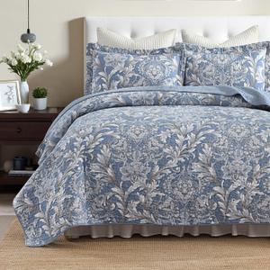 Blue Floral King Quilt Set - 100% Cotton Farmhouse Reversible Quilt Bedding Set - Blue and Light Gray Luxury Elegant Cottage Quilts - Lightweight Bedspreads for All Season 3 Piece