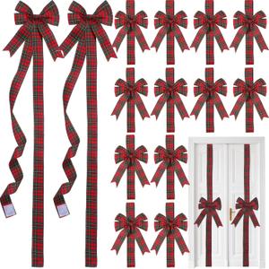 Yinkin 16 Pcs Christmas Cabinet Ribbon Bows 10 x 87 Inch Buffalo Plaid Door Ribbons and Bows Decoration Modern Christmas Decor for Xmas Holiday Kitchen Wall Home Furniture (Red, Green)