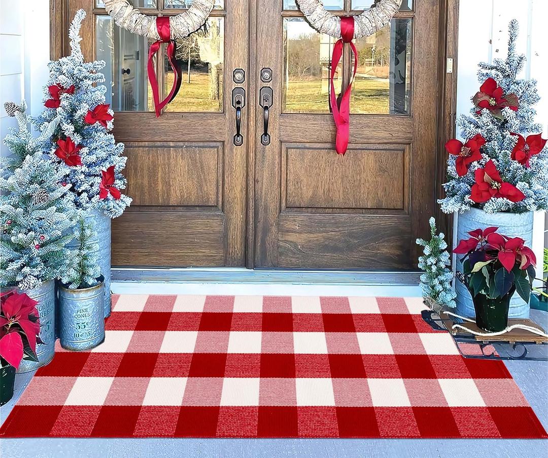 Christmas Outdoor Rugs 24 x 51''Red White Buffalo Plaid Front Porch Rug Hand-Woven Machine Washable Indoor/Outdoor Layered Door Mats for Entryway/Bedroom/Outdoor