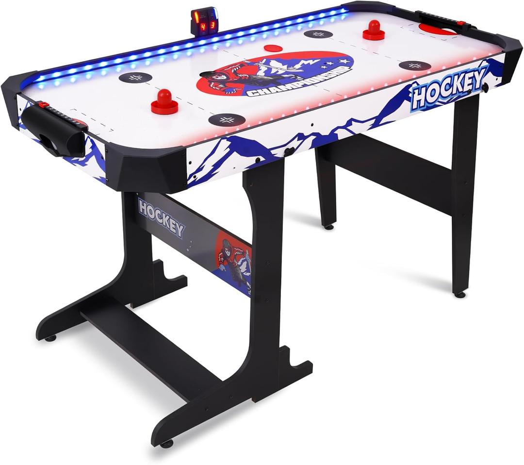 57" LED Light-Up Air Hockey Table, Foldable Arcade Style Air Hockey Game Set w/Accurate Electronic Scoring, in Line Power Switch, Powerful Motor for Kids Adults, Home Game Room