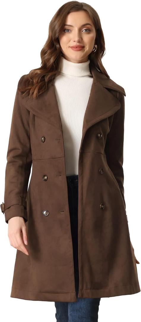 Allegra K Women's Faux Suede Notched Lapel Strap Cuff Solid Double Breasted Tie Belt Trench Coat X-Small Coffee