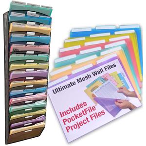 Ultimate Office Mesh Wall File Organizer, 15 Tier Vertical Mount Hanging File Sorter. Multipurpose Display Rack Includes 18, 3rd Cut PocketFile Clear Document Folder Project Pockets (Black)