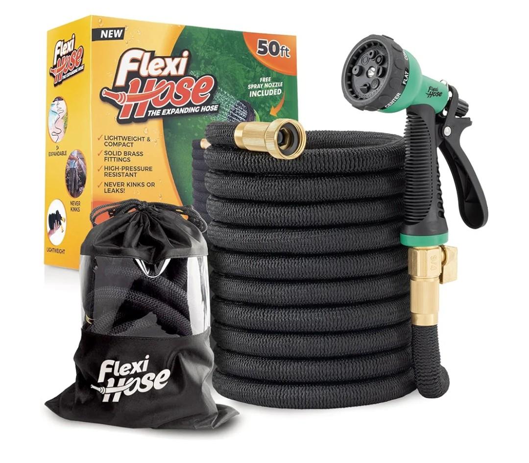 Flexi Hose Expandable Garden Hose with 8 Function Nozzle, 50FT - Lightweight Retractable Garden Hose, Water Hose - No-Kink Flexibility, 3/4 Inch Solid Brass Fittings and Double Latex Core