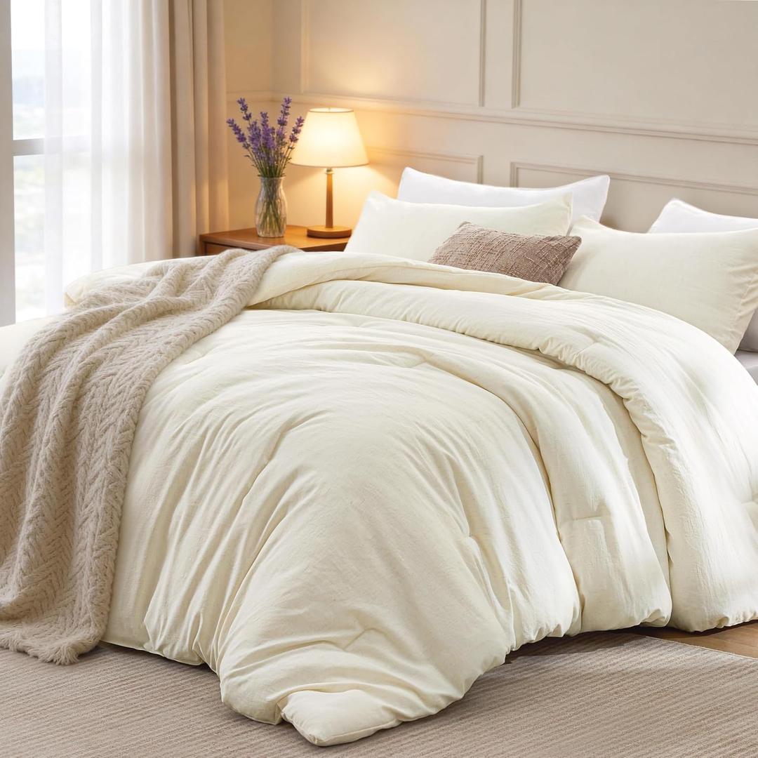 Love's cabin Full Size Comforter Set Beige, 3-Piece 90% Polyester 10% Linen Blend Bedding Set, Linen-Look Textured Stripe, Down Alternative All-Season Comforter with Pillow Shams | Soft, Breathable, Lightweight