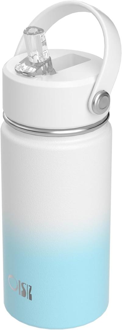 OISIZ Kids Water Bottle with Straw Lid 14oz, Vacuum Insulated 316 Stainless Steel Water Bottles for Kids for School, Leakproof Water Bottle, BPA Free and Keep Cold for 24 Hours (white blue)