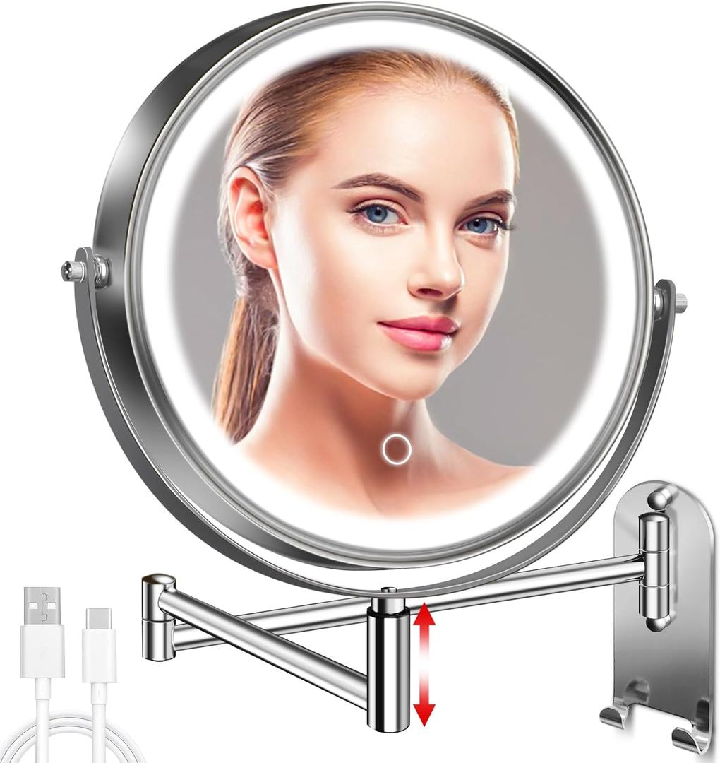 8" Wall Mounted Lighted Makeup Mirror, 3000mAh Rechargeable Double Sided 1X/10X Magnifying Mirror with Hook,3 Color Lights Dimmable 360 Rotation Vanity Mirror for Bathroom (Chrome-round)