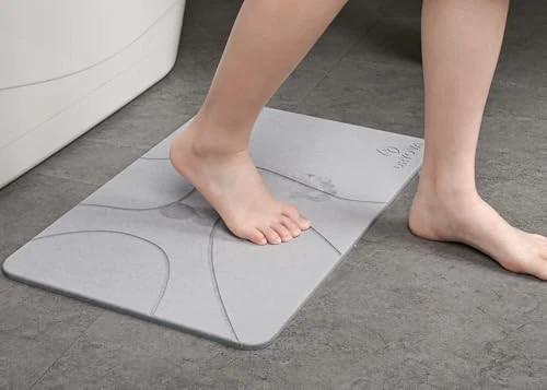 DRYOVA Large Stone Bath Mat –Made with Natural Diatomaceous Earth, Non-Slip & Super Absorbent, Fast Drying, Easy to Clean – Bathroom Floor Stone Mat (23.6"x15.4", Light Gray Wave)