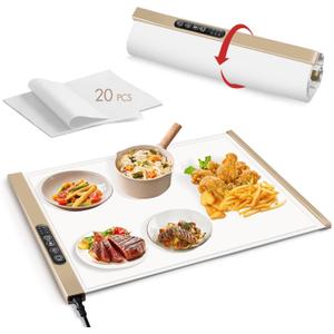 Silicone Food Warming Mat, Portable Electric Heating Tray with 1/2/4 Hours Timer, 3 Level Adjustable Temperature Hot Pad Kitchen Warmer Mat for Parties Buffet Countertop Roll Up Family Party Camping
