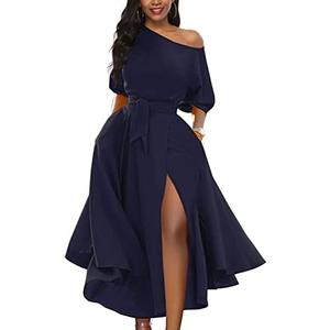 LILYIN Women’s Elegant Off Shoulder Short Sleeve Belted Side Slit Cocktail Party Swing Dress with Pockets XL