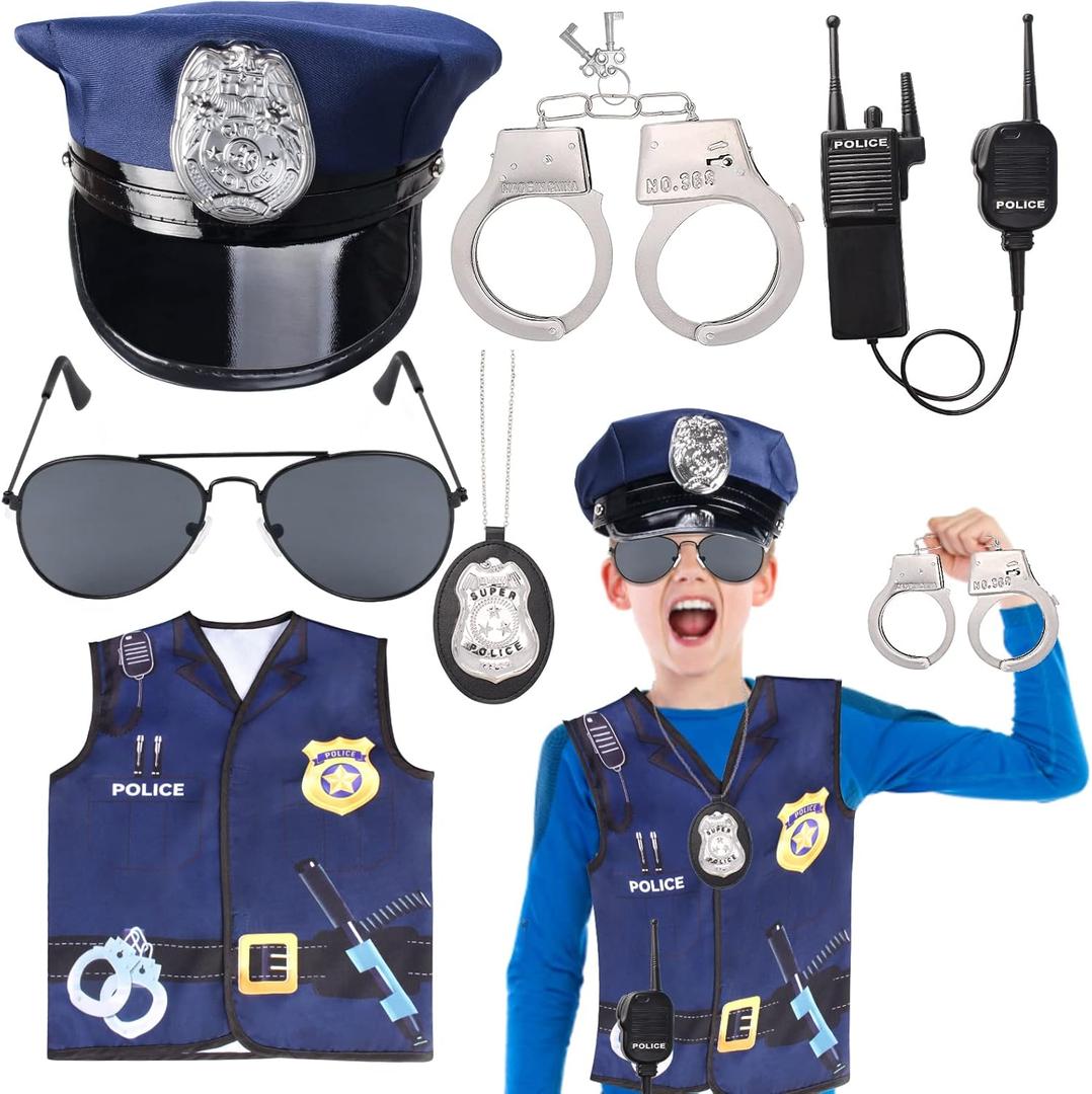 Kids Police Officer Costume Set 6 Pcs Including Cop Hat Vest Sunglasses Badge Walkie Talkie for Pretend Play Dress Up